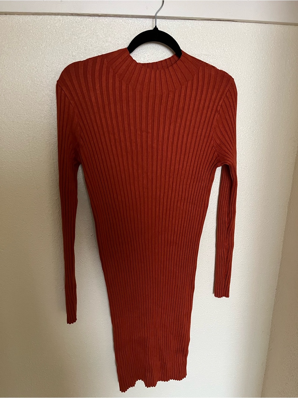 Ribbed Long-Sleeve Knit Sweater Dress - Rust
